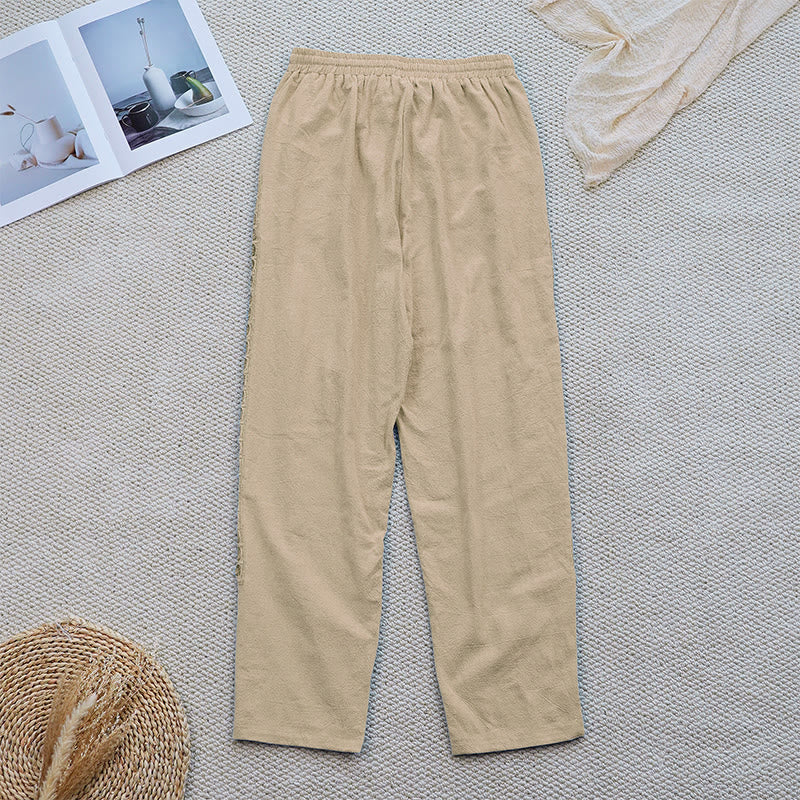 Pantalon d'été uni en coton et lin avec poches pour femme, motif Buddha Stones