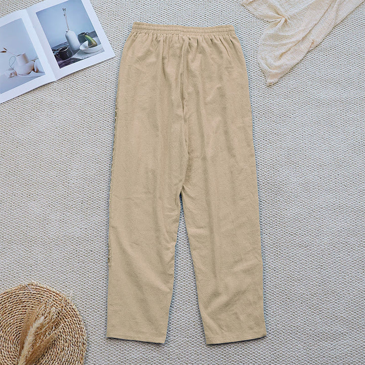 Pantalon d'été uni en coton et lin avec poches pour femme, motif Buddha Stones