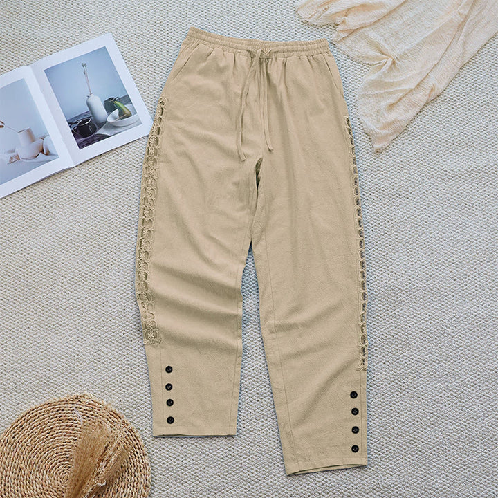 Pantalon d'été uni en coton et lin avec poches pour femme, motif Buddha Stones