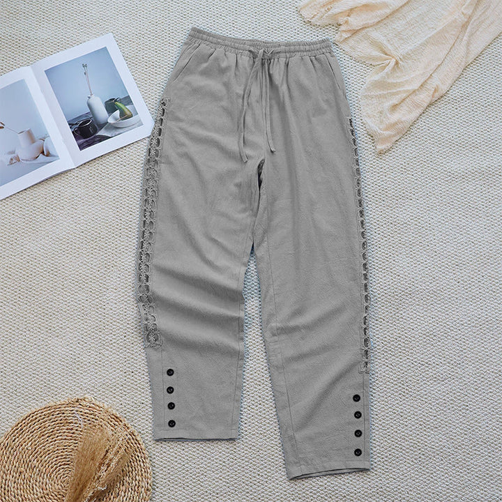 Pantalon d'été uni en coton et lin avec poches pour femme, motif Buddha Stones