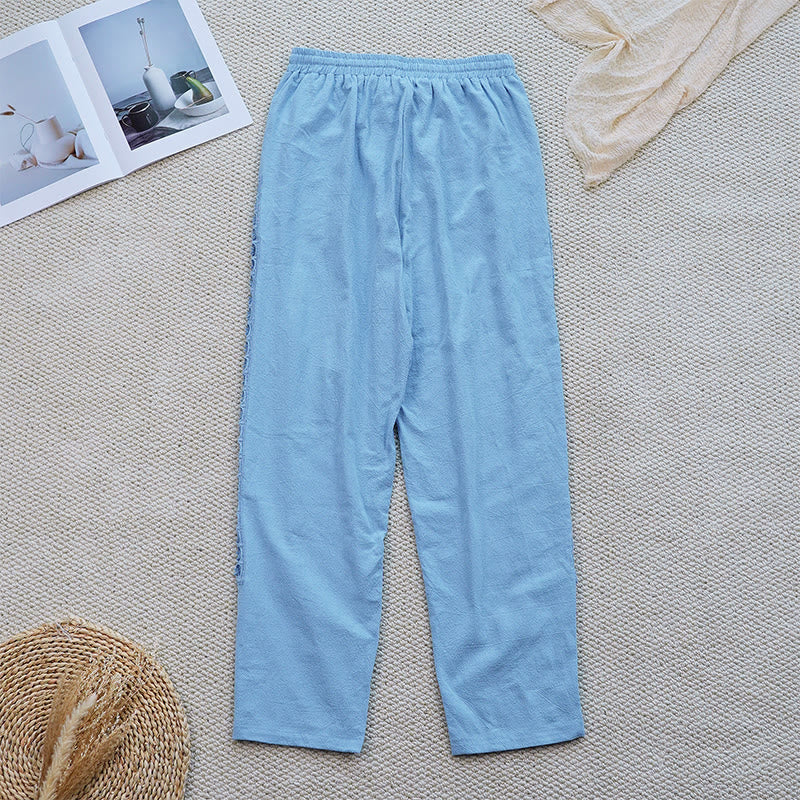 Pantalon d'été uni en coton et lin avec poches pour femme, motif Buddha Stones