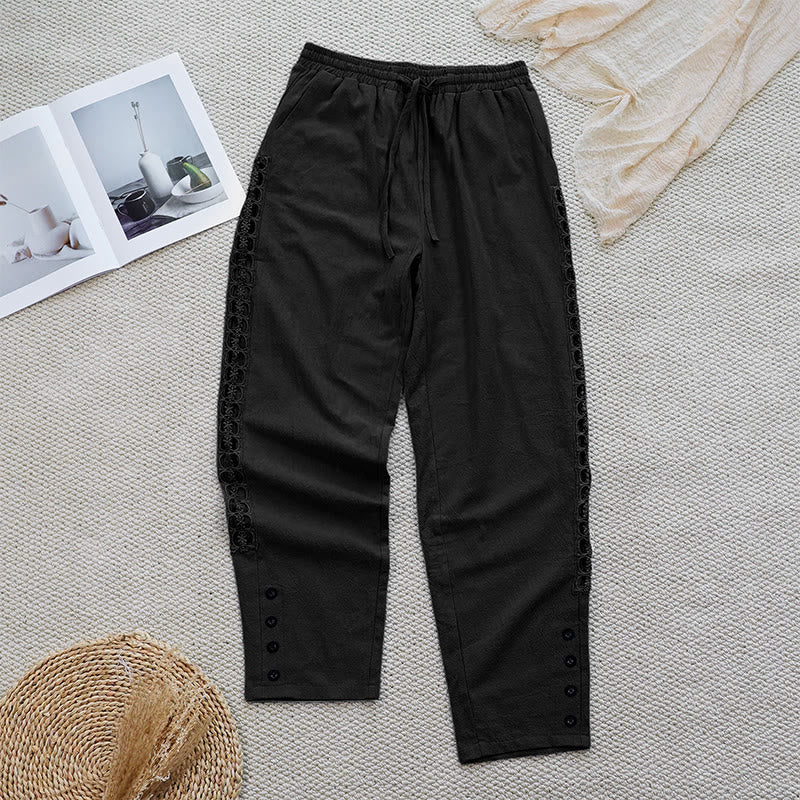 Pantalon d'été uni en coton et lin avec poches pour femme, motif Buddha Stones