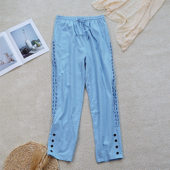 Pantalon d'été uni en coton et lin avec poches pour femme, motif Buddha Stones