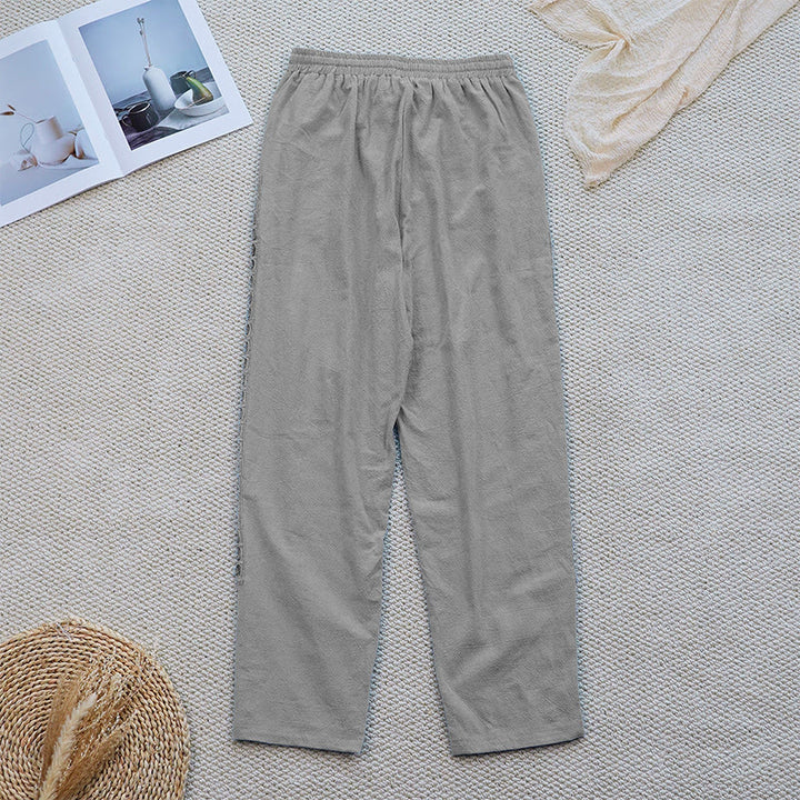 Pantalon d'été uni en coton et lin avec poches pour femme, motif Buddha Stones