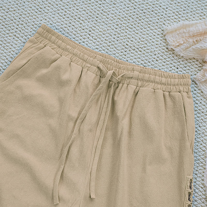 Pantalon d'été uni en coton et lin avec poches pour femme, motif Buddha Stones