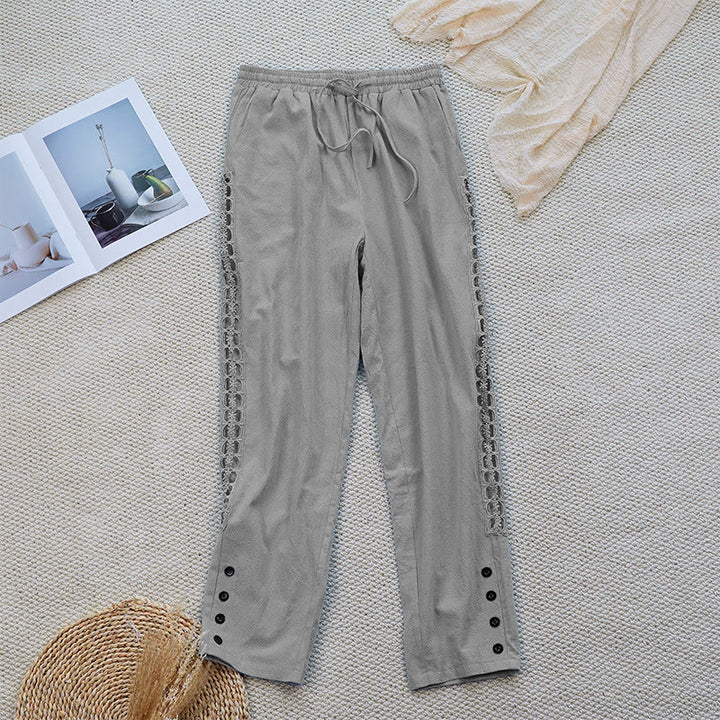 Pantalon d'été uni en coton et lin avec poches pour femme, motif Buddha Stones