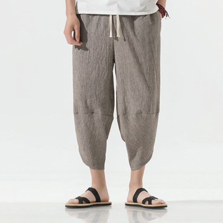 Pantalon sarouel en lin pour homme avec poches et cordon de serrage, motif Buddha Stones , longueur 7-8