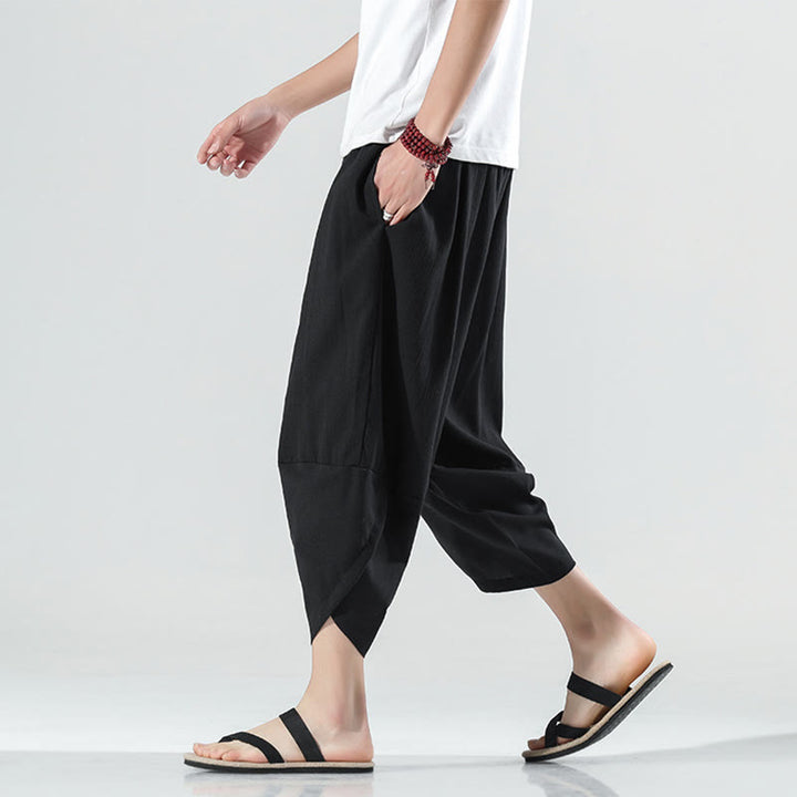 Pantalon sarouel en lin pour homme avec poches et cordon de serrage, motif Buddha Stones , longueur 7-8