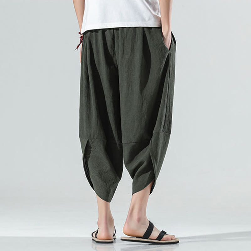 Pantalon sarouel en lin pour homme avec poches et cordon de serrage, motif Buddha Stones , longueur 7-8