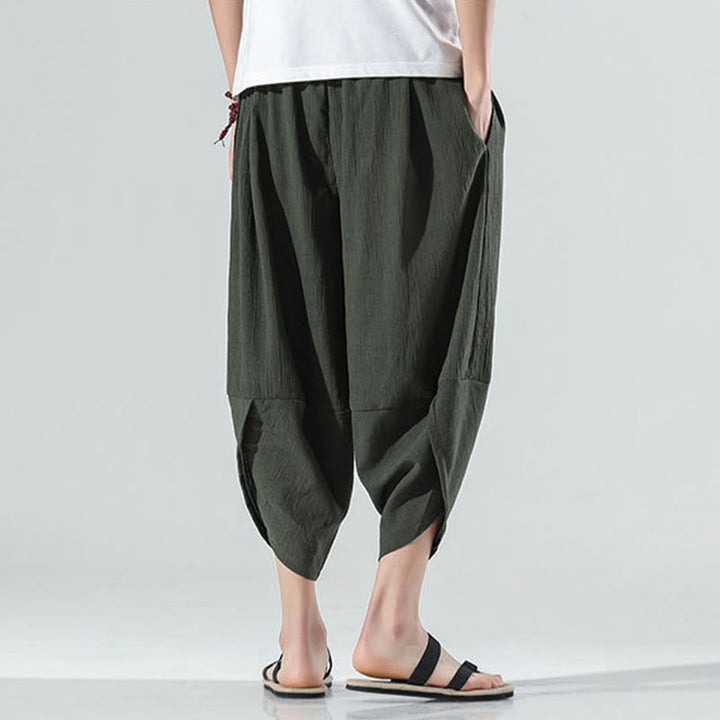 Pantalon sarouel en lin pour homme avec poches et cordon de serrage, motif Buddha Stones , longueur 7-8