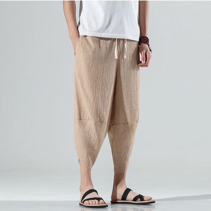 Pantalon sarouel en lin pour homme avec poches et cordon de serrage, motif Buddha Stones , longueur 7-8