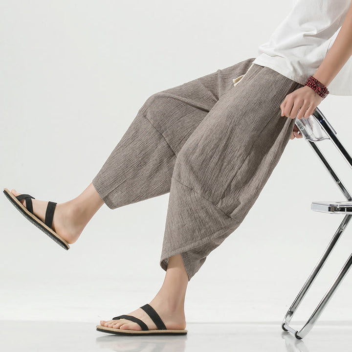 Pantalon sarouel en lin pour homme avec poches et cordon de serrage, motif Buddha Stones , longueur 7-8