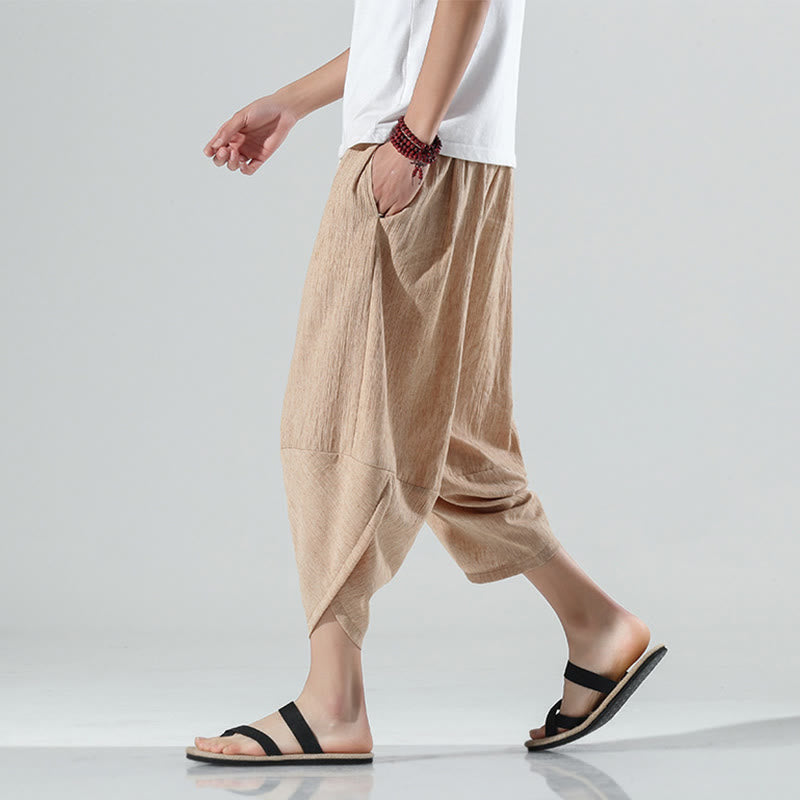 Pantalon sarouel en lin pour homme avec poches et cordon de serrage, motif Buddha Stones , longueur 7-8