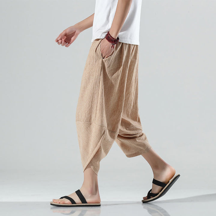 Pantalon sarouel en lin pour homme avec poches et cordon de serrage, motif Buddha Stones , longueur 7-8