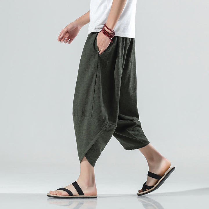 Pantalon sarouel en lin pour homme avec poches et cordon de serrage, motif Buddha Stones , longueur 7-8