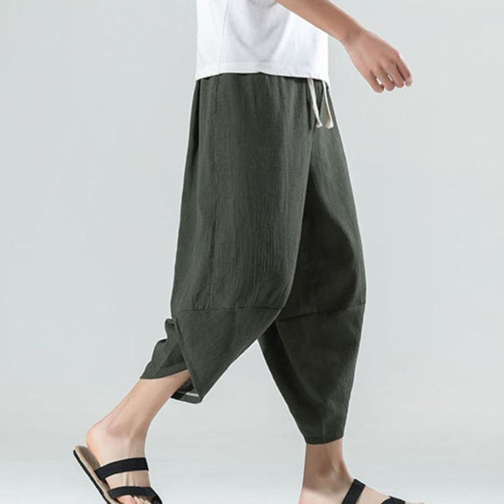 Pantalon sarouel en lin pour homme avec poches et cordon de serrage, motif Buddha Stones , longueur 7-8