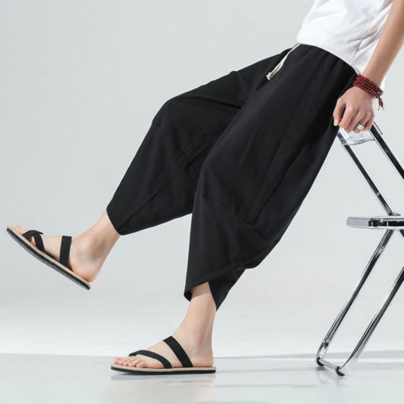 Pantalon sarouel en lin pour homme avec poches et cordon de serrage, motif Buddha Stones , longueur 7-8