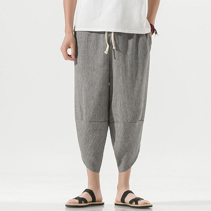 Pantalon sarouel en lin pour homme avec poches et cordon de serrage, motif Buddha Stones , longueur 7-8