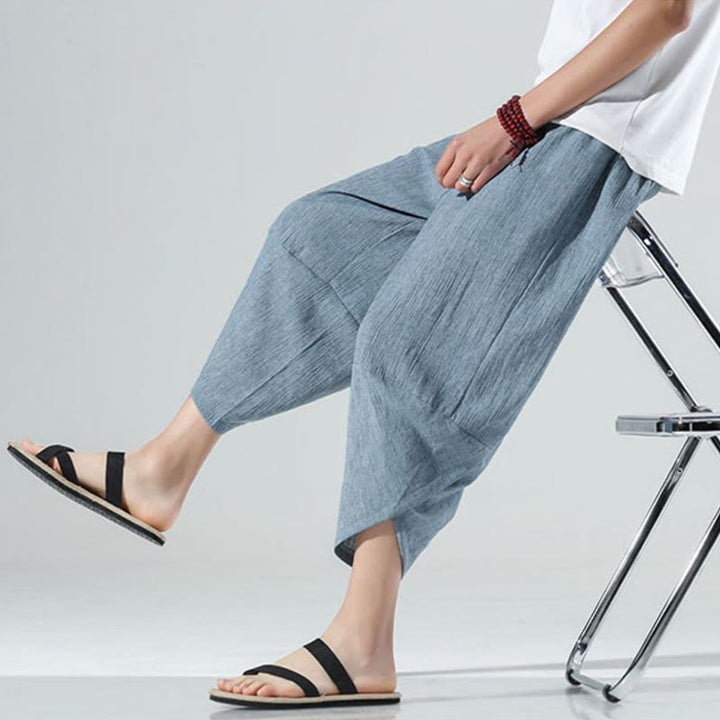 Pantalon sarouel en lin pour homme avec poches et cordon de serrage, motif Buddha Stones , longueur 7-8