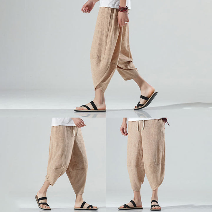 Pantalon sarouel en lin pour homme avec poches et cordon de serrage, motif Buddha Stones , longueur 7-8
