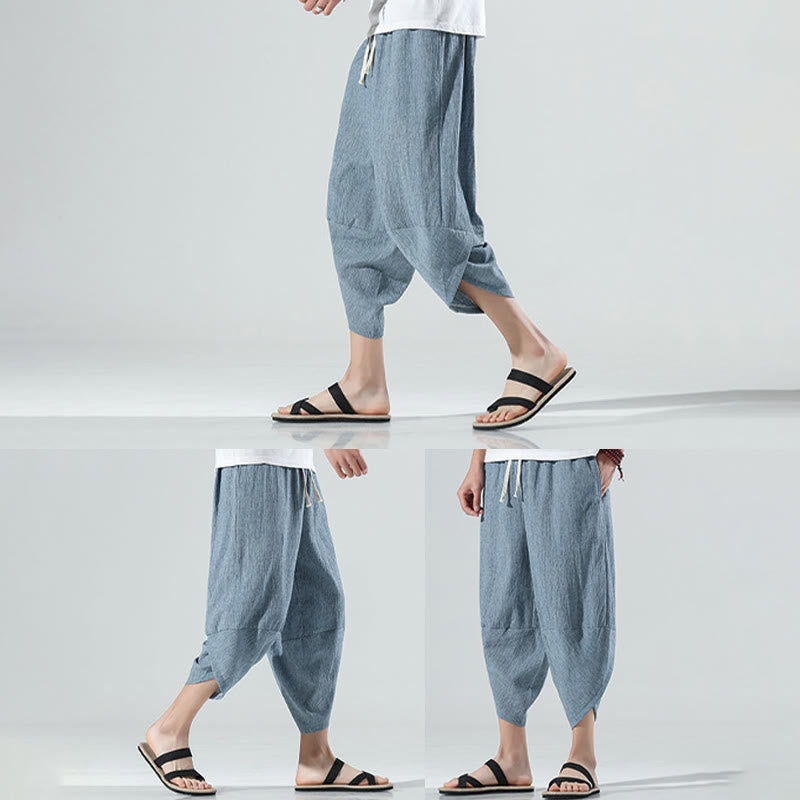 Pantalon sarouel en lin pour homme avec poches et cordon de serrage, motif Buddha Stones , longueur 7-8
