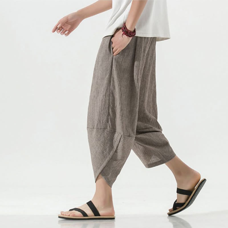 Pantalon sarouel en lin pour homme avec poches et cordon de serrage, motif Buddha Stones , longueur 7-8