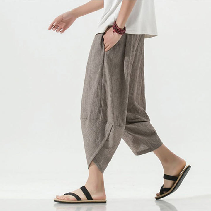 Pantalon sarouel en lin pour homme avec poches et cordon de serrage, motif Buddha Stones , longueur 7-8