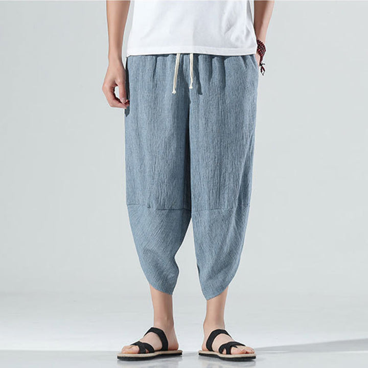 Pantalon sarouel en lin pour homme avec poches et cordon de serrage, motif Buddha Stones , longueur 7-8