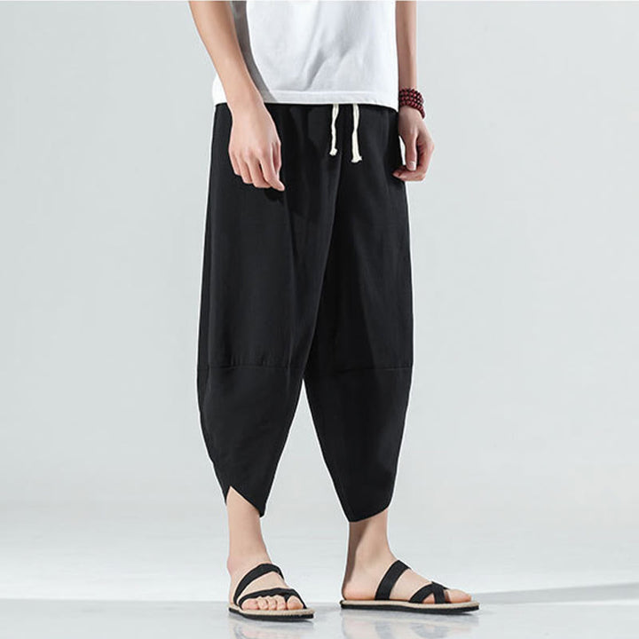 Pantalon sarouel en lin pour homme avec poches et cordon de serrage, motif Buddha Stones , longueur 7-8