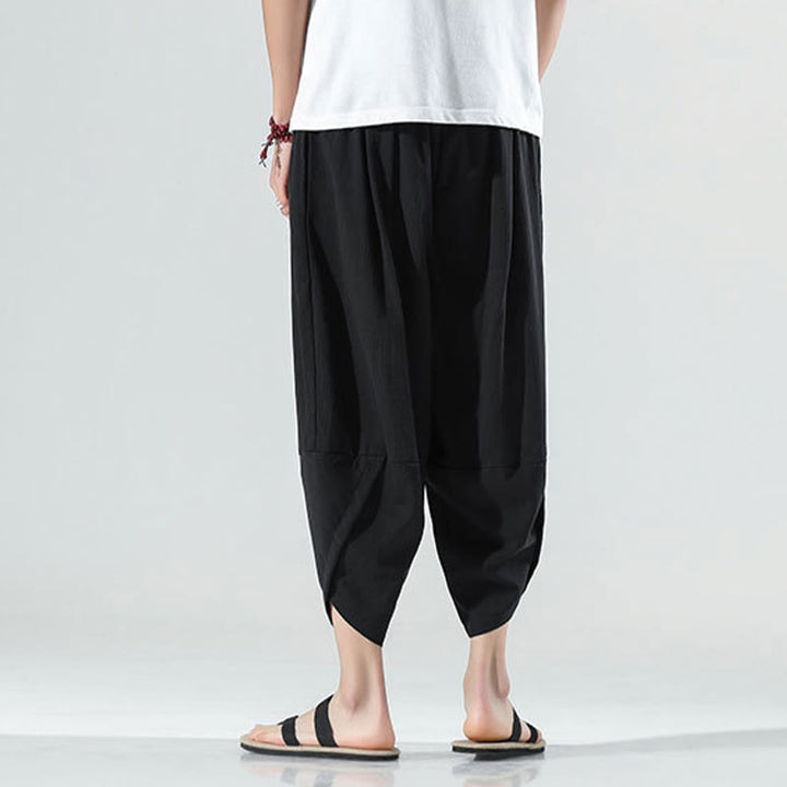 Pantalon sarouel en lin pour homme avec poches et cordon de serrage, motif Buddha Stones , longueur 7-8