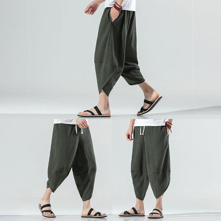 Pantalon sarouel en lin pour homme avec poches et cordon de serrage, motif Buddha Stones , longueur 7-8