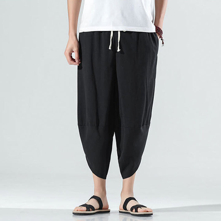 Pantalon sarouel en lin pour homme avec poches et cordon de serrage, motif Buddha Stones , longueur 7-8