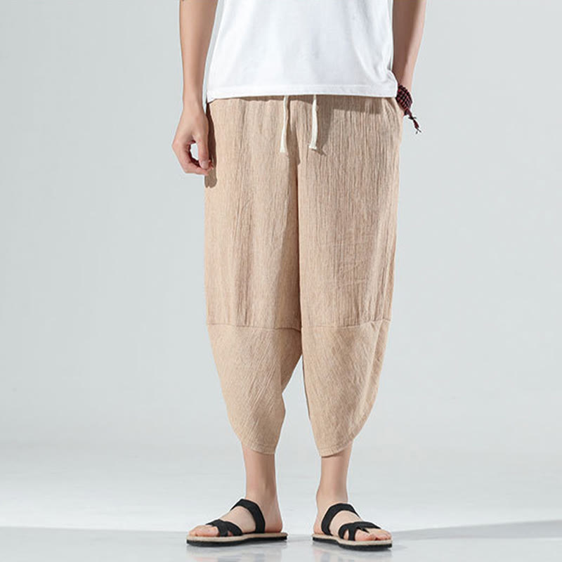 Pantalon sarouel en lin pour homme avec poches et cordon de serrage, motif Buddha Stones , longueur 7-8
