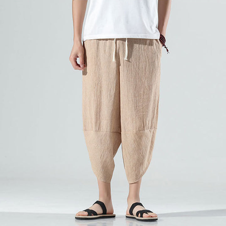 Pantalon sarouel en lin pour homme avec poches et cordon de serrage, motif Buddha Stones , longueur 7-8