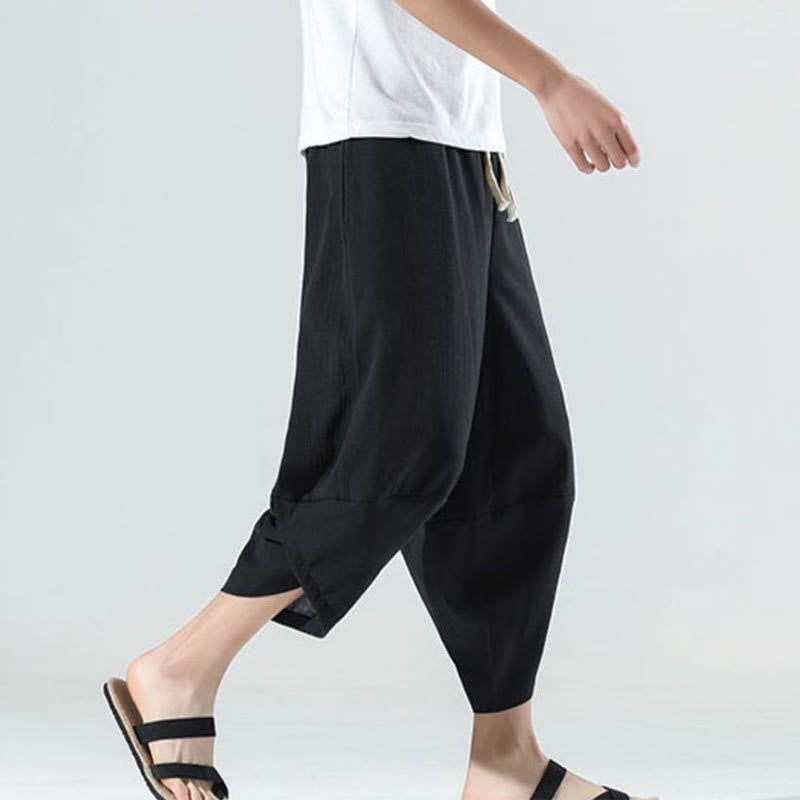 Pantalon sarouel en lin pour homme avec poches et cordon de serrage, motif Buddha Stones , longueur 7-8