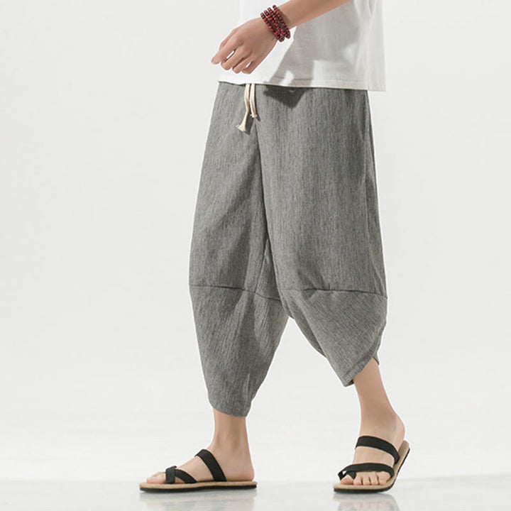 Pantalon sarouel en lin pour homme avec poches et cordon de serrage, motif Buddha Stones , longueur 7-8