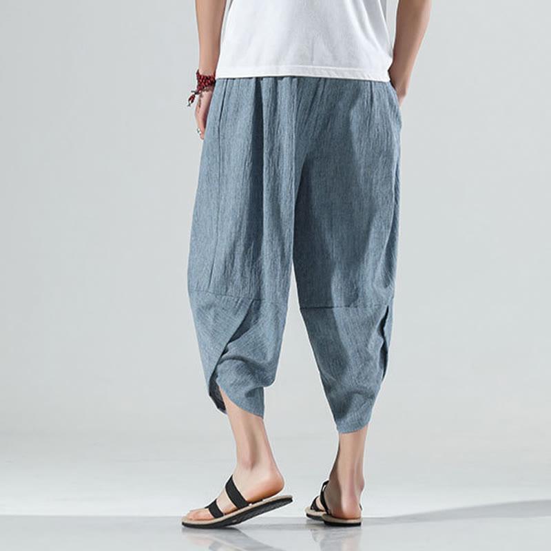 Pantalon sarouel en lin pour homme avec poches et cordon de serrage, motif Buddha Stones , longueur 7-8