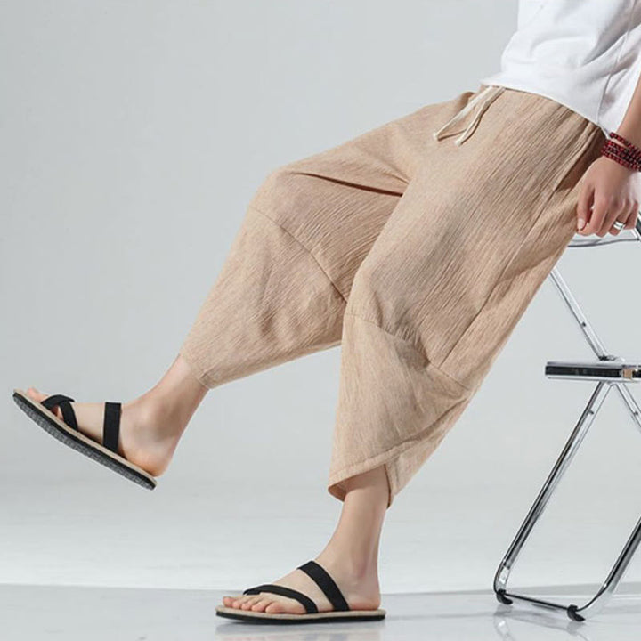 Pantalon sarouel en lin pour homme avec poches et cordon de serrage, motif Buddha Stones , longueur 7-8