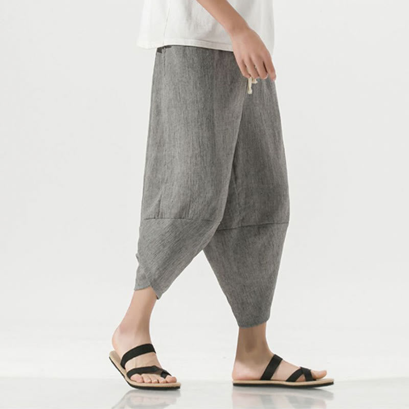 Pantalon sarouel en lin pour homme avec poches et cordon de serrage, motif Buddha Stones , longueur 7-8