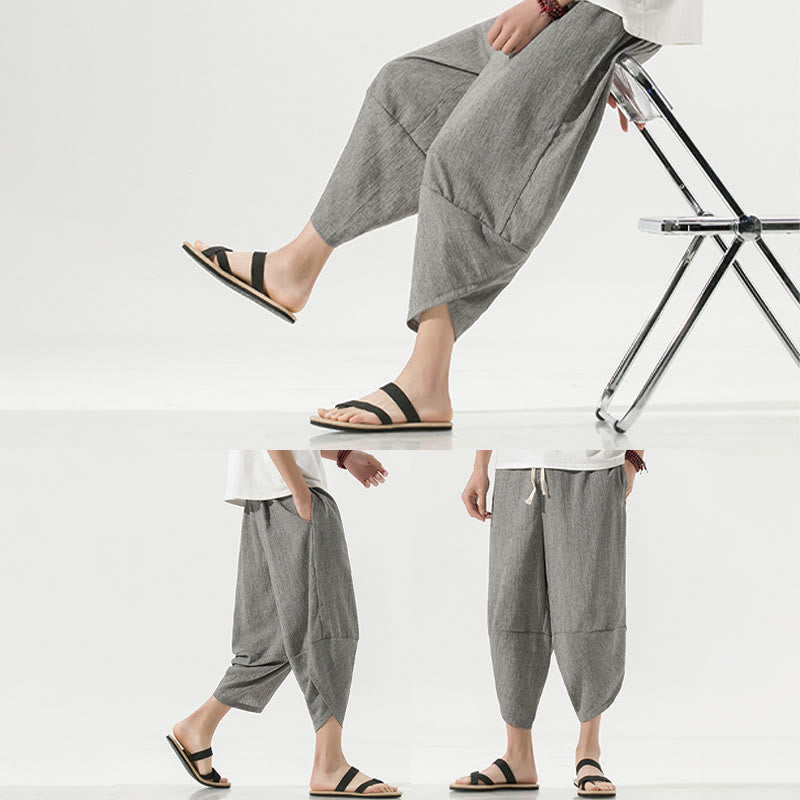 Pantalon sarouel en lin pour homme avec poches et cordon de serrage, motif Buddha Stones , longueur 7-8