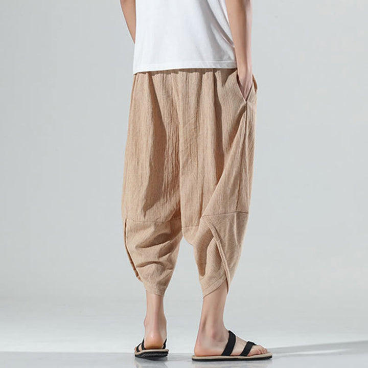 Pantalon sarouel en lin pour homme avec poches et cordon de serrage, motif Buddha Stones , longueur 7-8