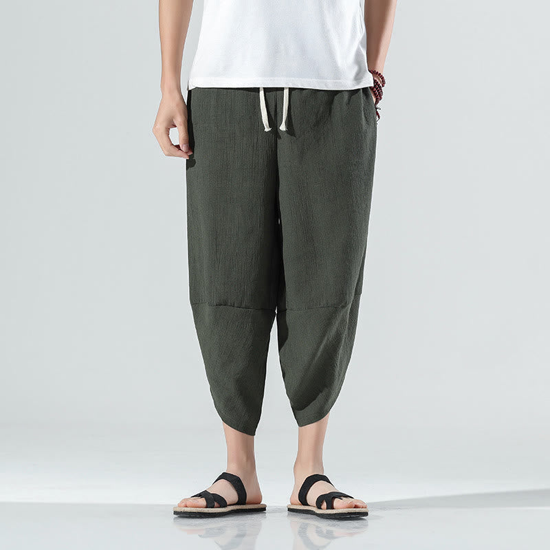 Pantalon sarouel en lin pour homme avec poches et cordon de serrage, motif Buddha Stones , longueur 7-8