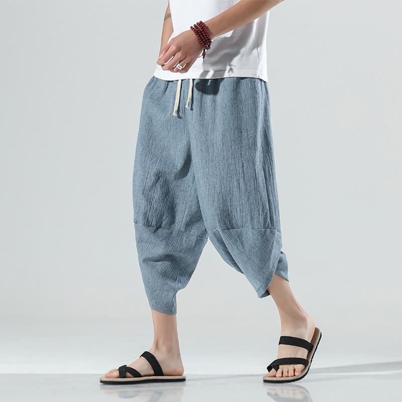 Pantalon sarouel en lin pour homme avec poches et cordon de serrage, motif Buddha Stones , longueur 7-8
