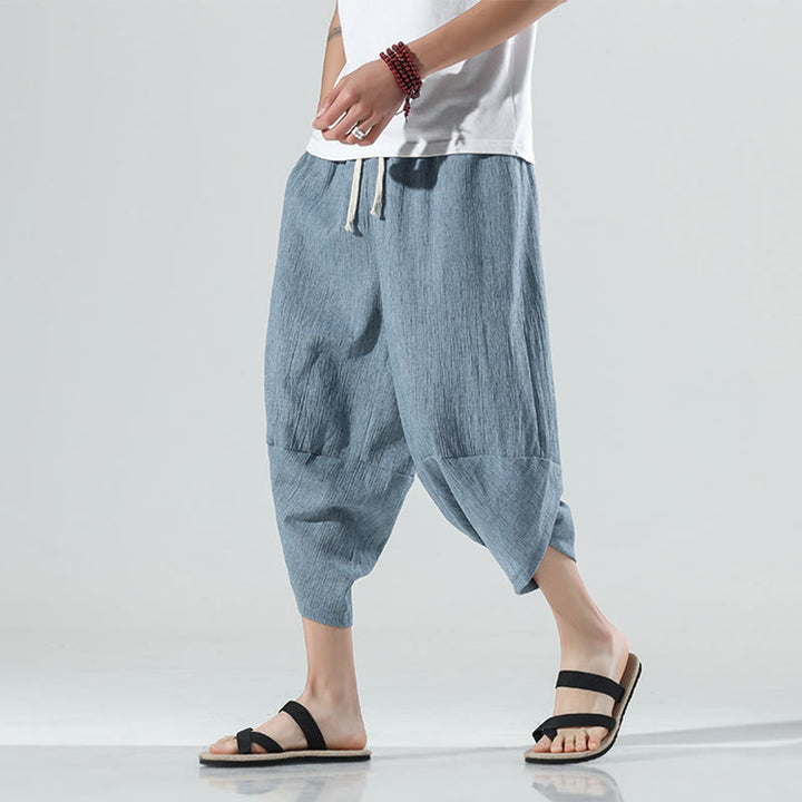 Pantalon sarouel en lin pour homme avec poches et cordon de serrage, motif Buddha Stones , longueur 7-8