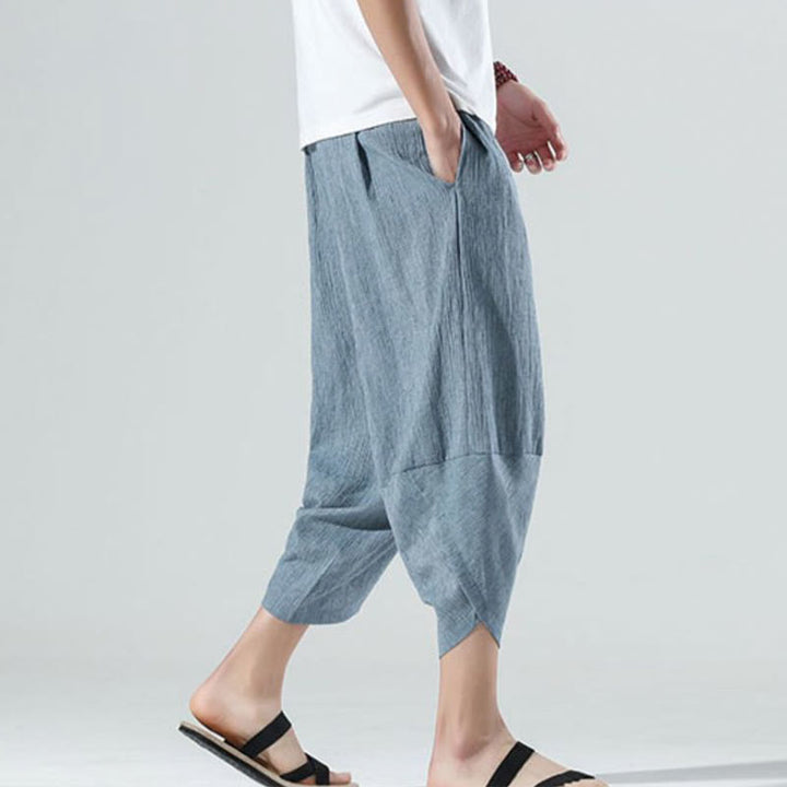 Pantalon sarouel en lin pour homme avec poches et cordon de serrage, motif Buddha Stones , longueur 7-8