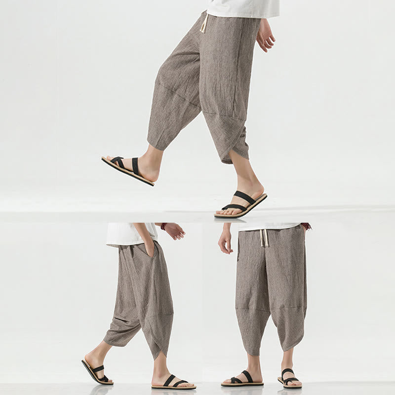 Pantalon sarouel en lin pour homme avec poches et cordon de serrage, motif Buddha Stones , longueur 7-8