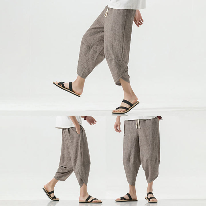 Pantalon sarouel en lin pour homme avec poches et cordon de serrage, motif Buddha Stones , longueur 7-8