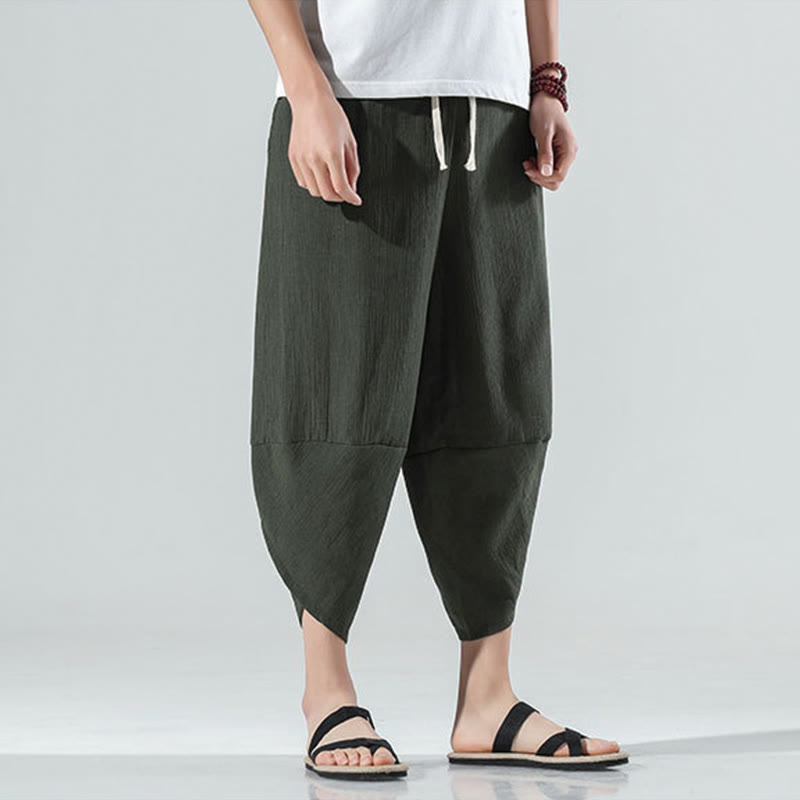 Pantalon sarouel en lin pour homme avec poches et cordon de serrage, motif Buddha Stones , longueur 7-8