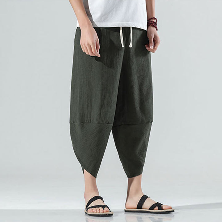 Pantalon sarouel en lin pour homme avec poches et cordon de serrage, motif Buddha Stones , longueur 7-8