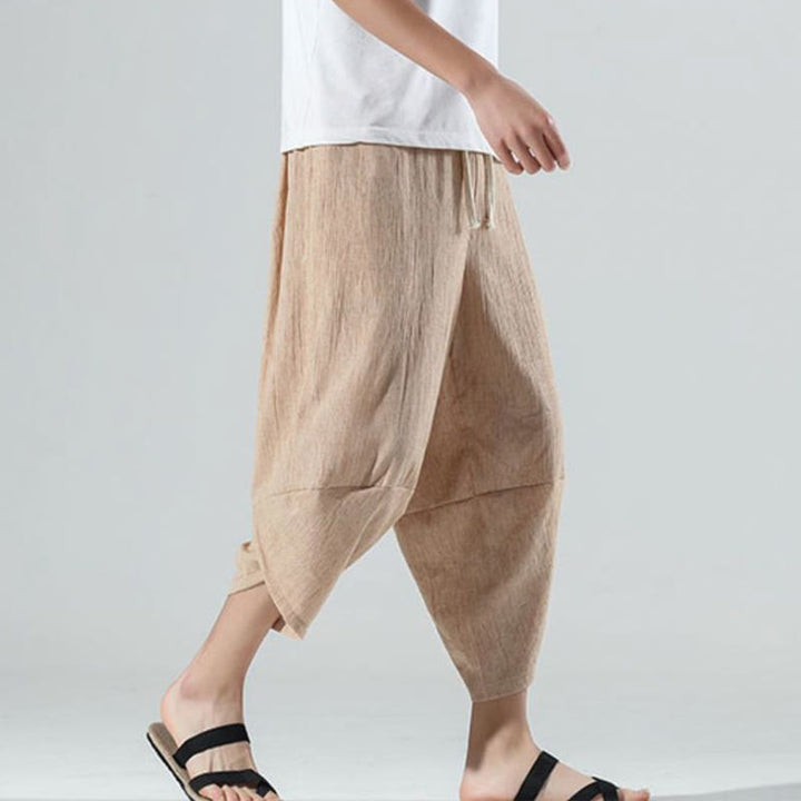 Pantalon sarouel en lin pour homme avec poches et cordon de serrage, motif Buddha Stones , longueur 7-8